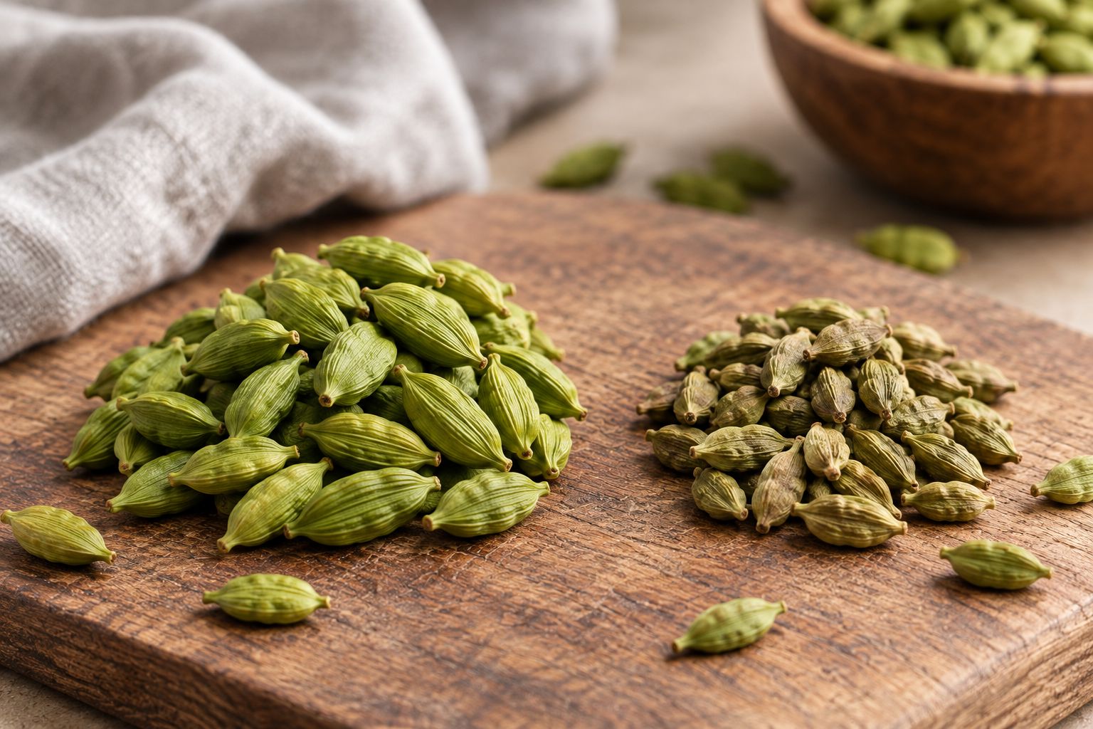 Side-by-side comparison of large plump green cardamom pods and smaller duller pods