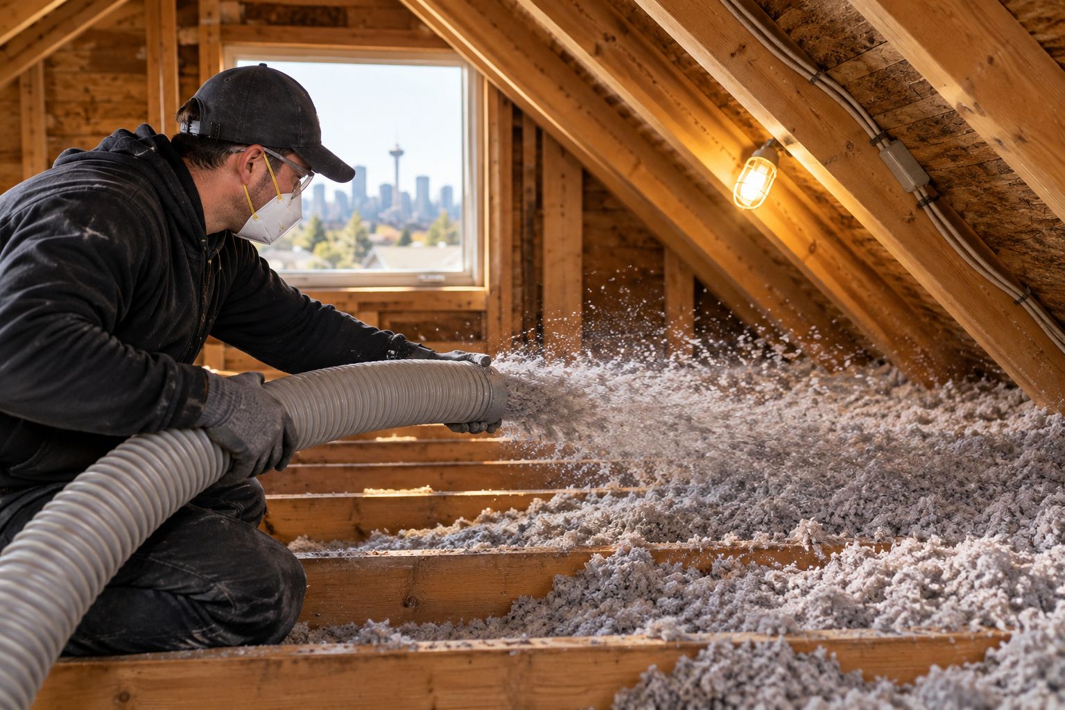 Loose-fill insulation being blown into an older bungalow attic around exposed wiring