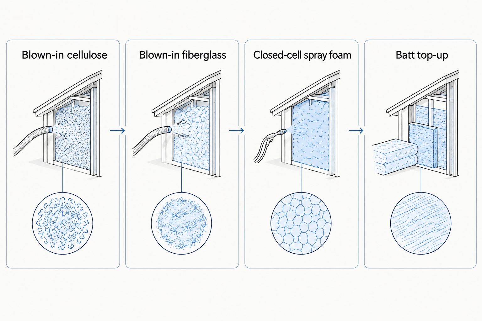 Four attic insulation options shown side by side for older bungalows