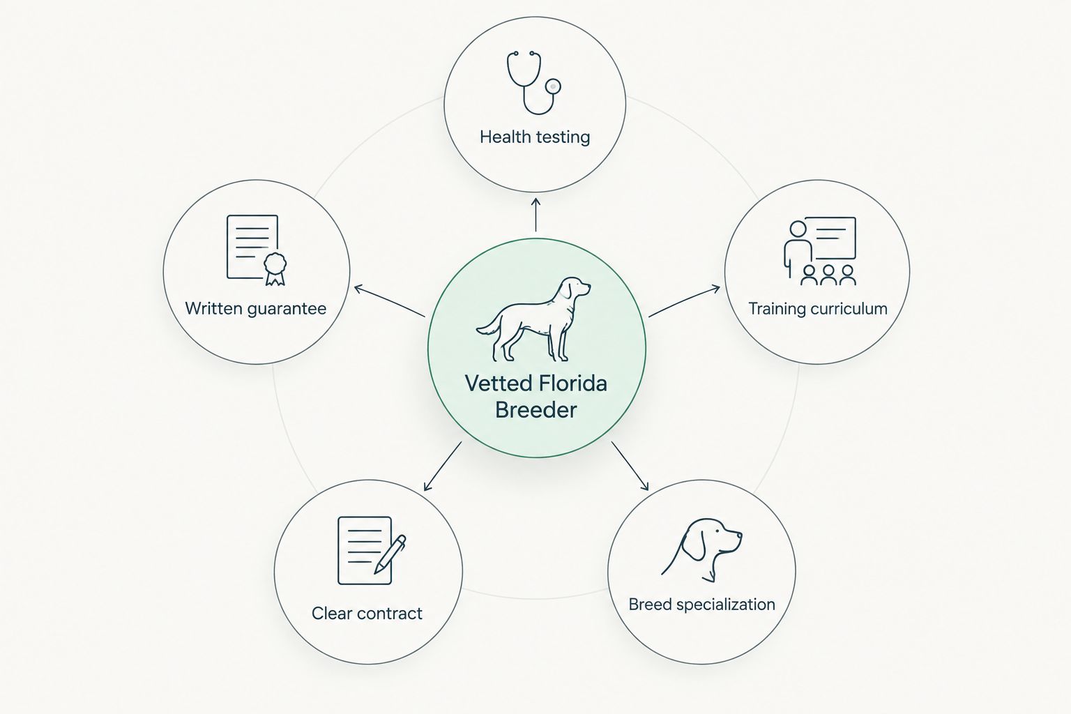 Diagram of five criteria that define a vetted Florida Goldendoodle breeder