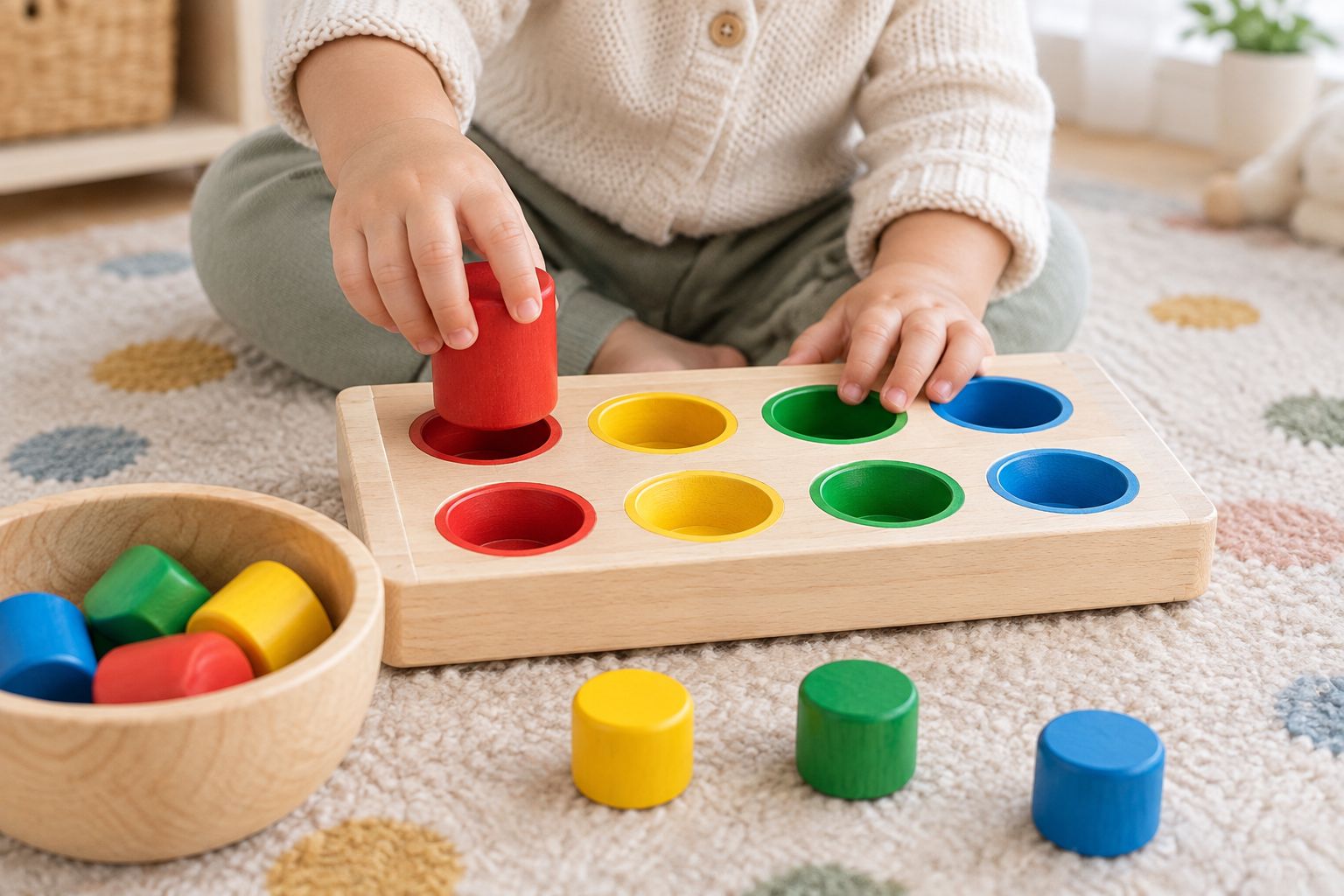 Toddler hands matching a coloured wooden block to its slot