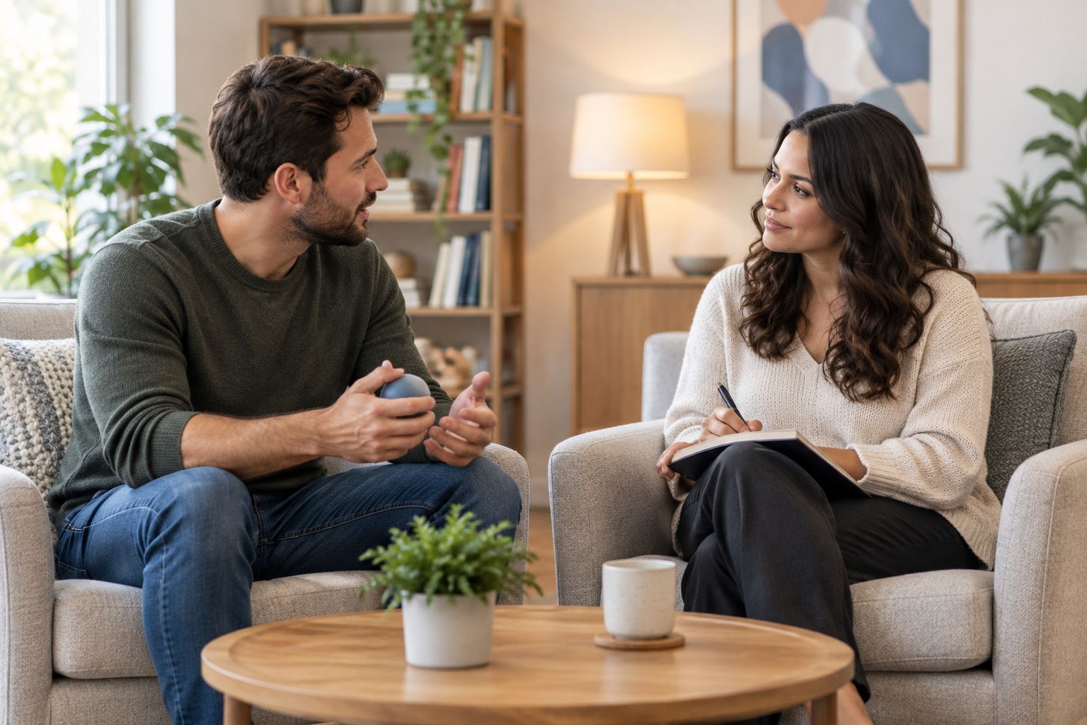 Two partners practicing a turn-based speaking and listening exercise at home