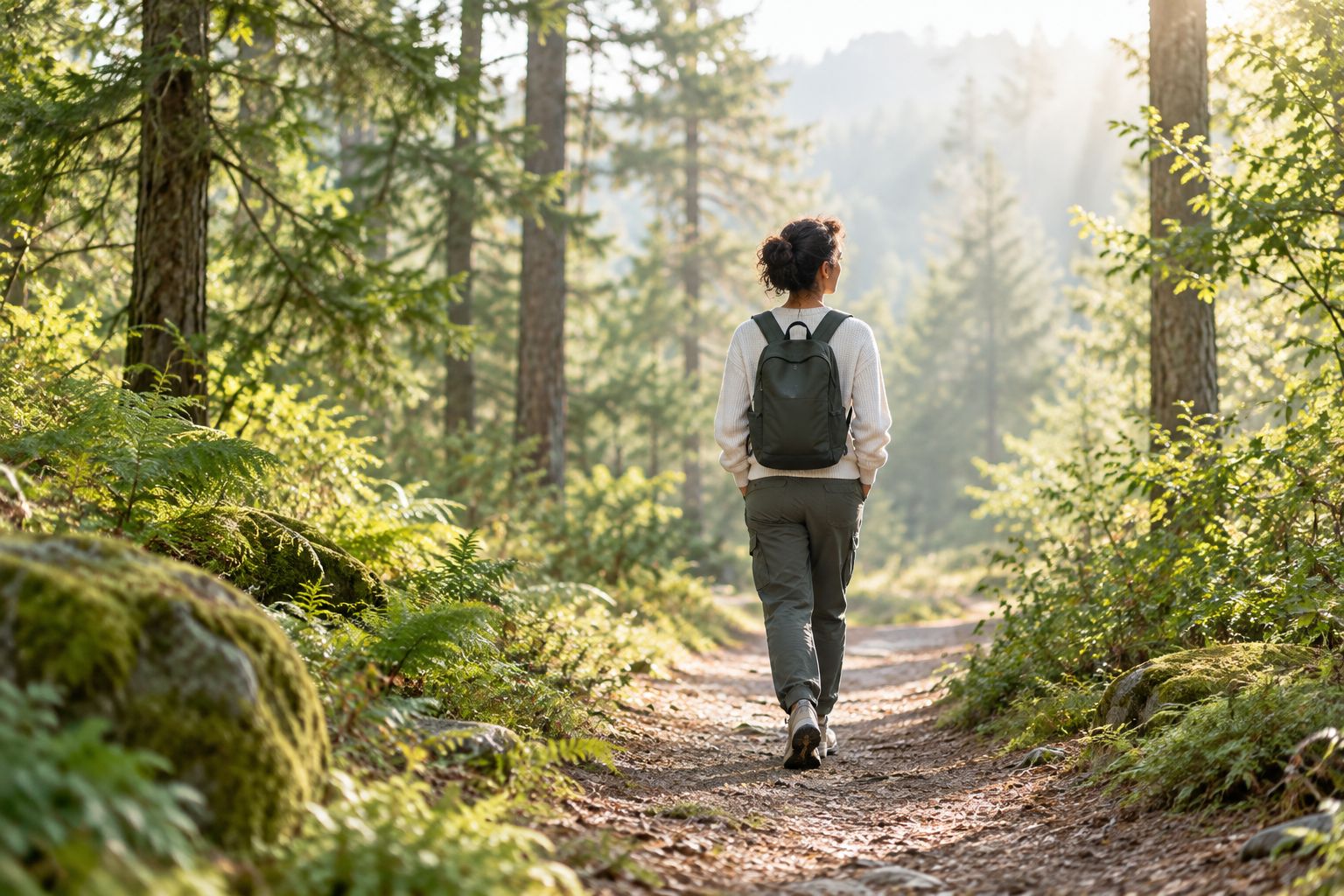Person walking alone on a forest trail in the morning