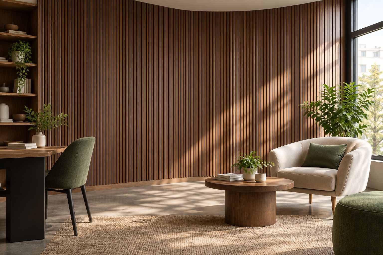 Fluted walnut wood panels installed around a curved interior wall