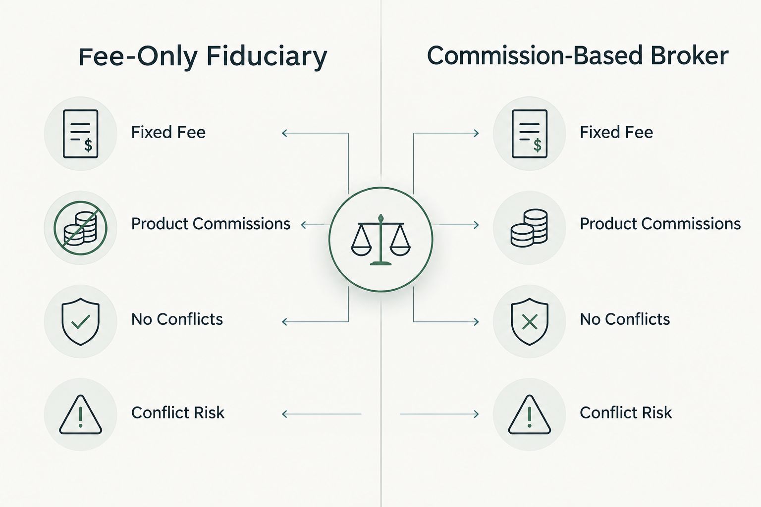 Two-column comparison of fee-only fiduciary advisors versus commission-based brokers