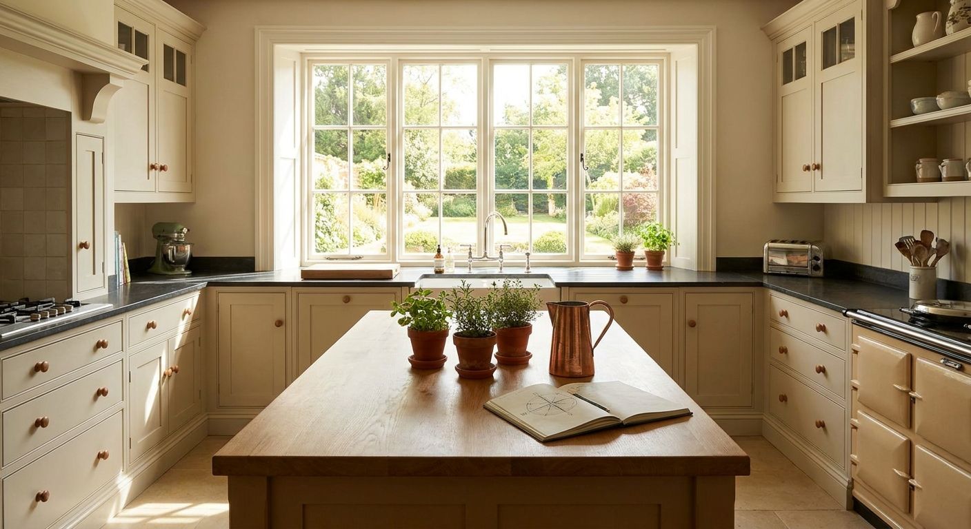 A bright kitchen with plants and an open notebook on the island