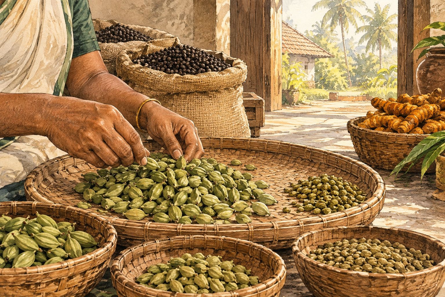 Hand-sorted green cardamom pods by size on a wicker sieve
