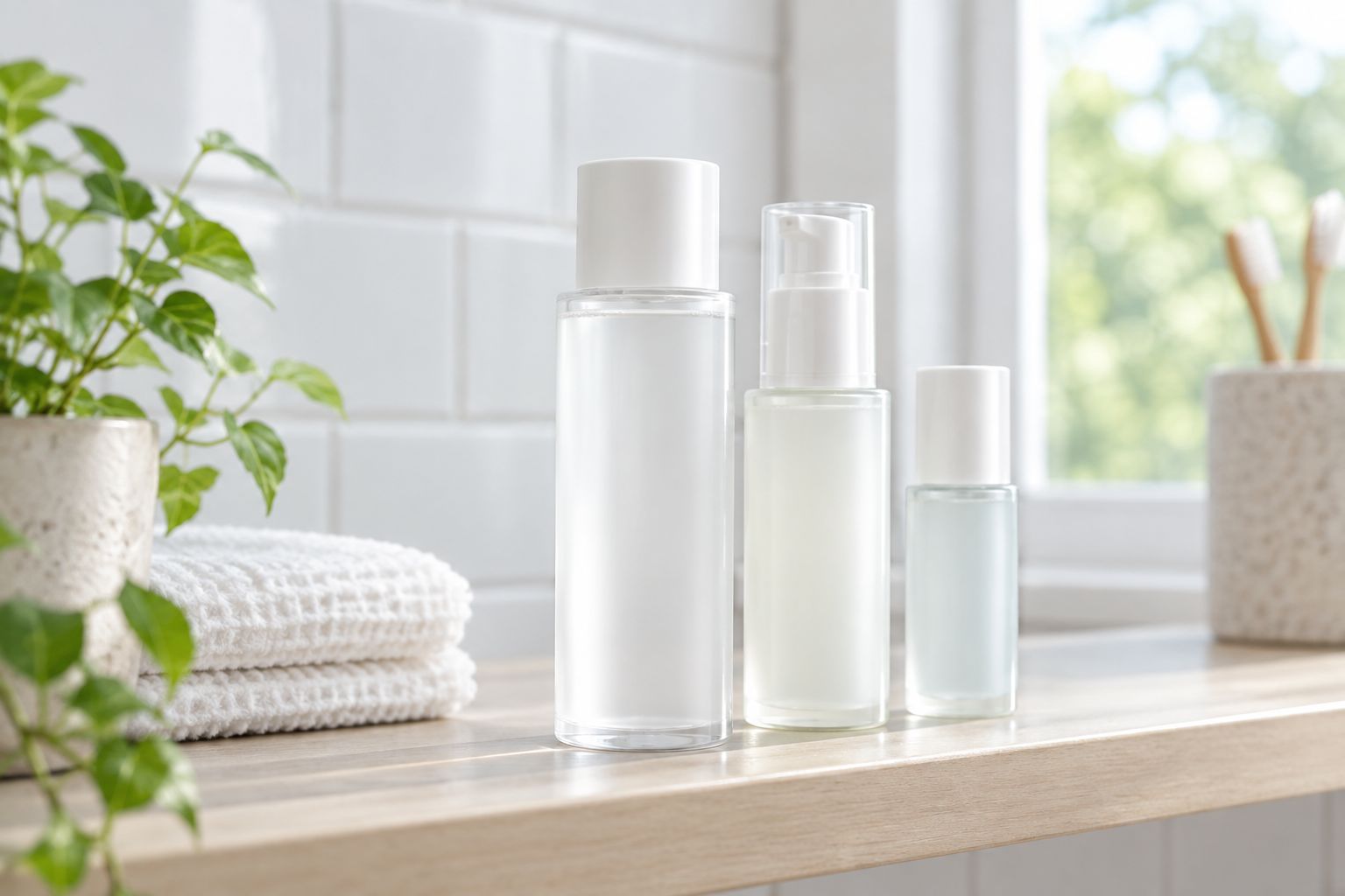 Three skincare bottles lined up on a bathroom shelf for a layered routine