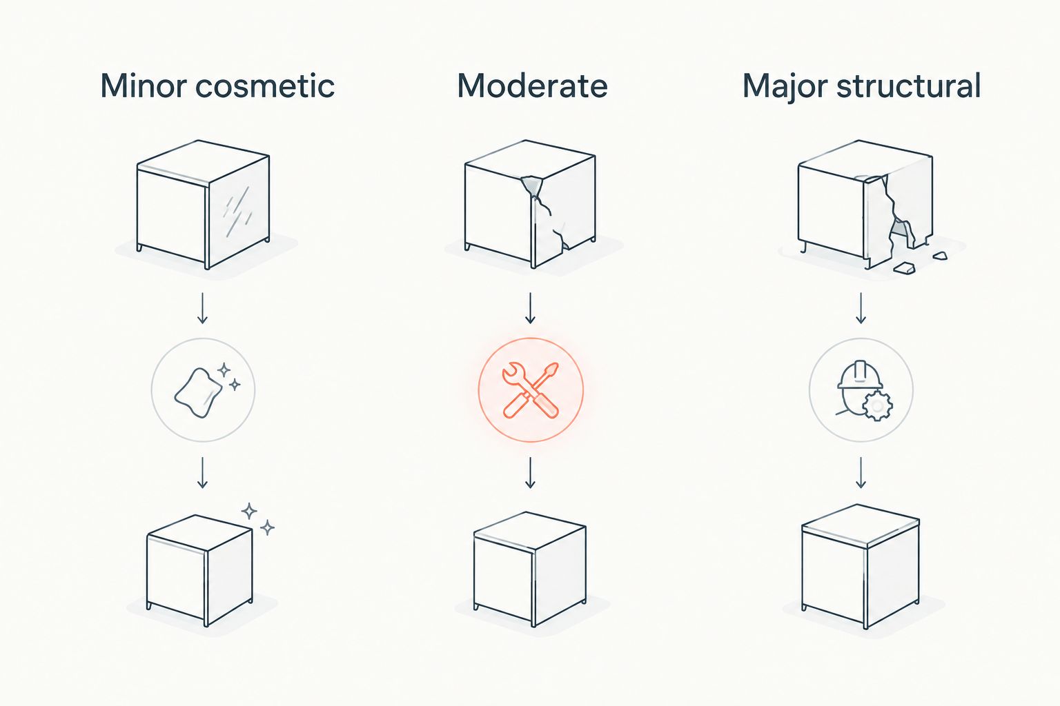Three-tier comparison of auto body repair severity from minor cosmetic to major structural