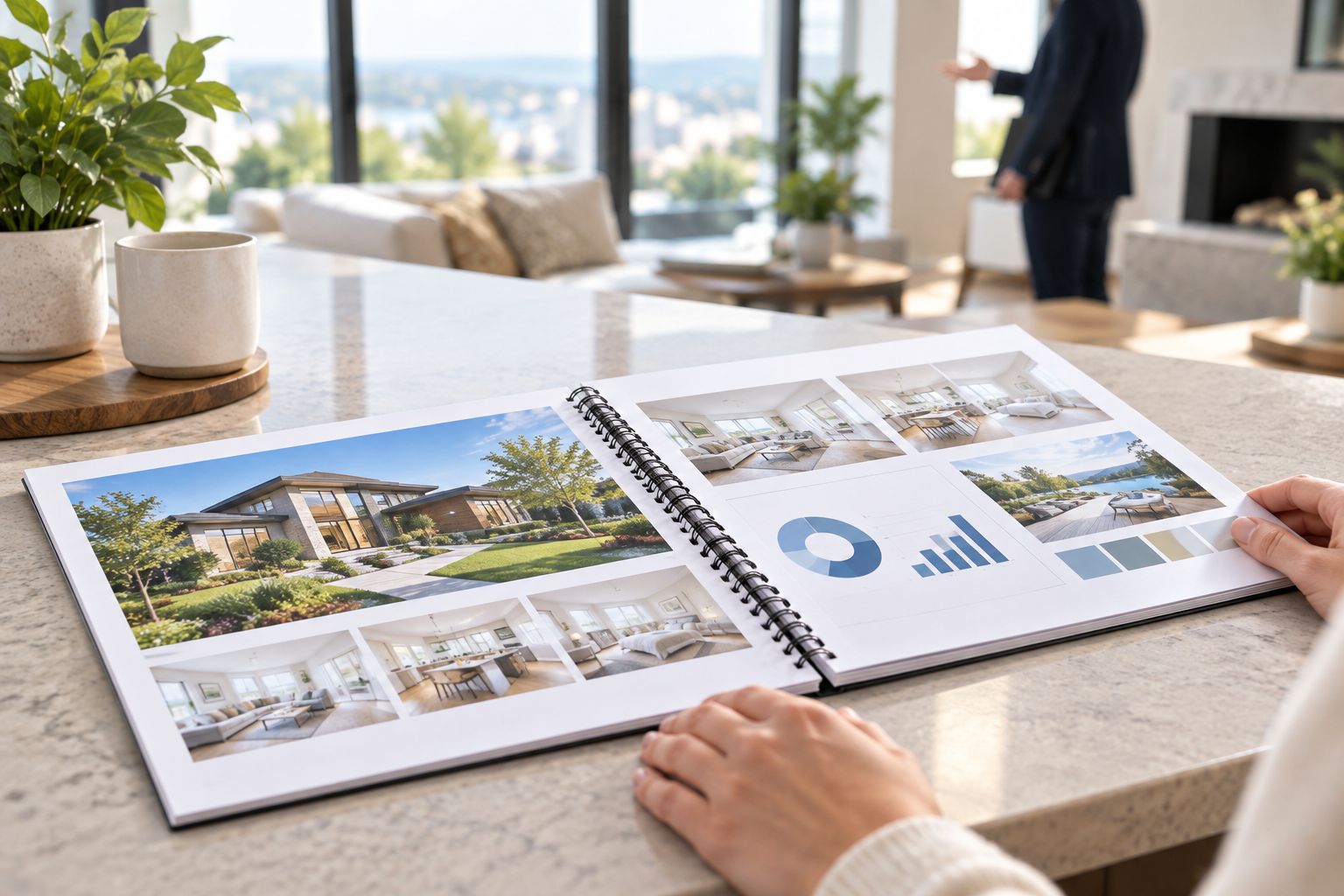 Wire-o bound listing presentation book lying flat on a counter during a home showing