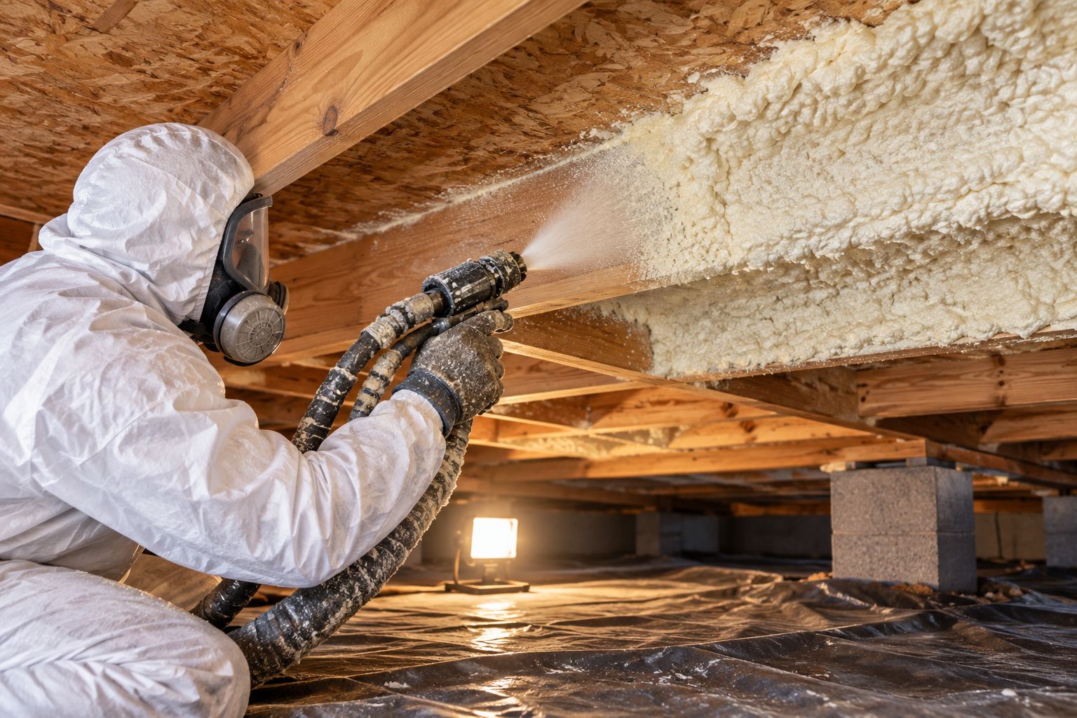 Worker applying closed-cell spray foam to crawl space floor joists