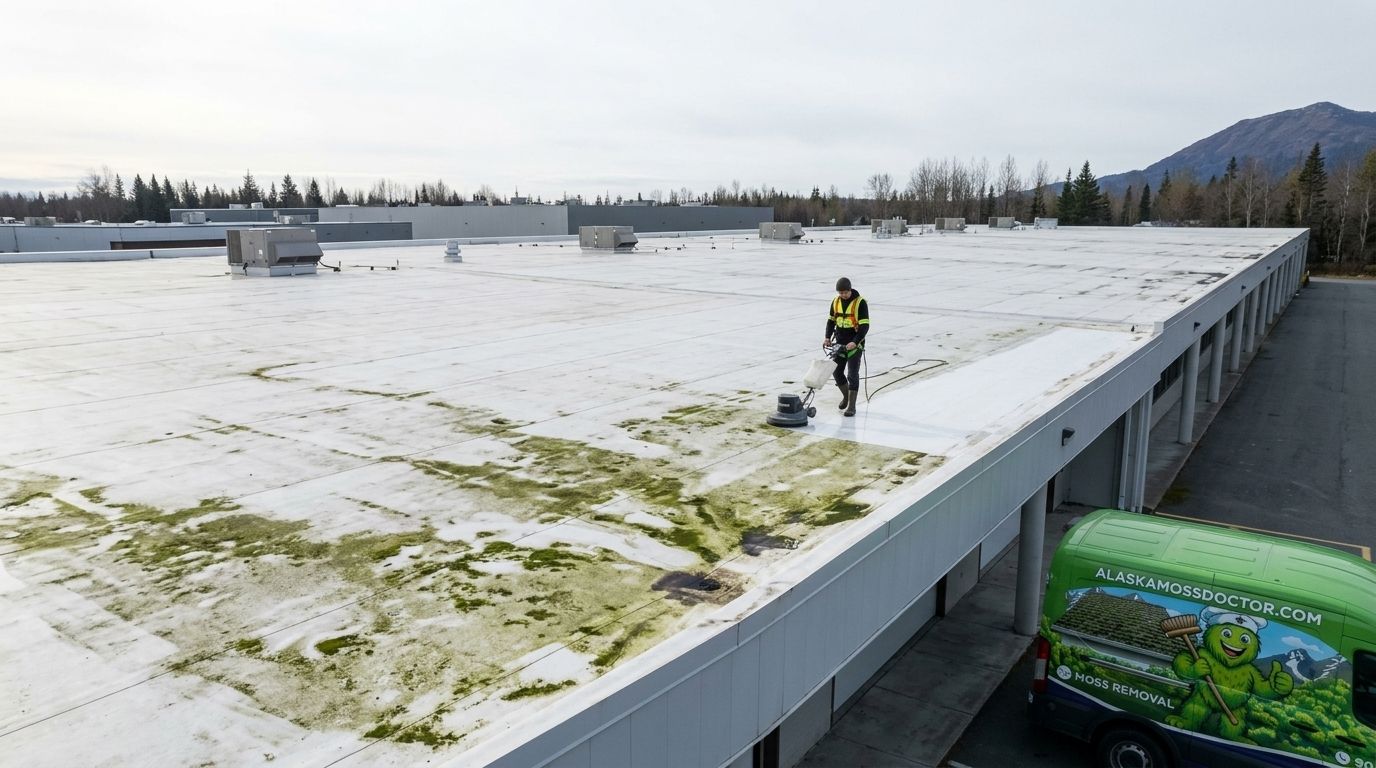 Roof algae removal for flat commercial roofs