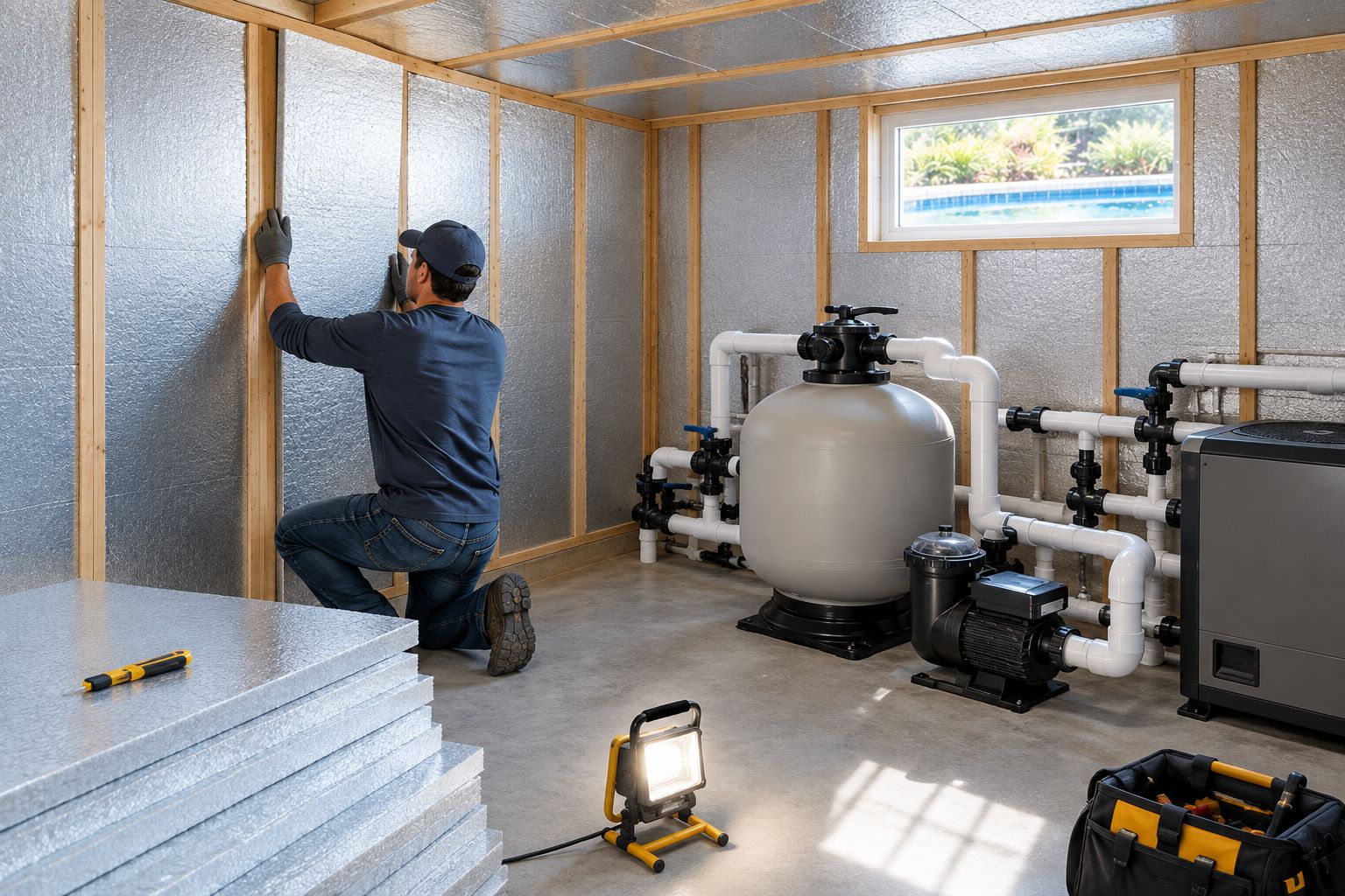 Pool equipment room with foam board insulation installed on the walls before enclosing