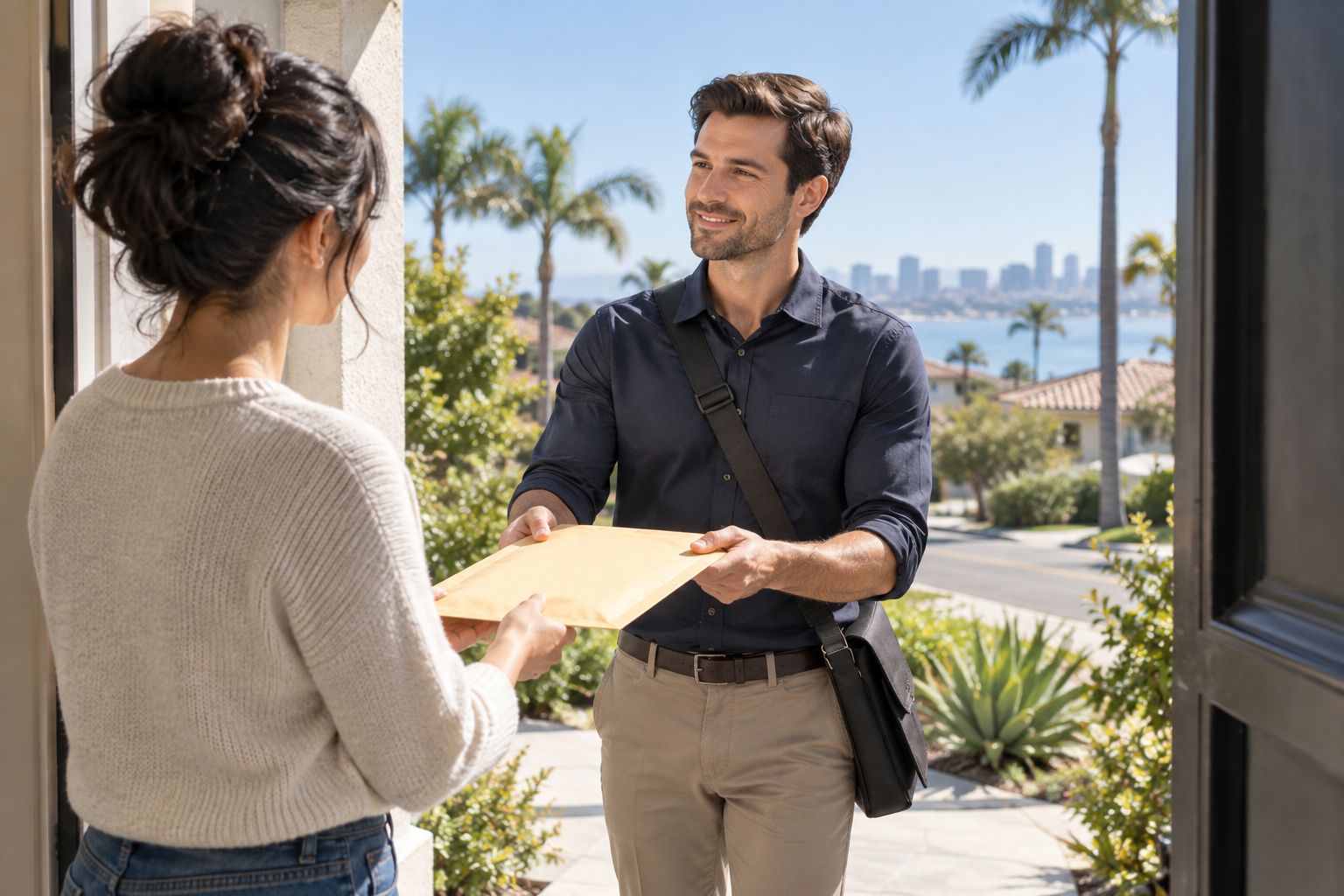 Courier handing legal documents to a recipient at a residential front door