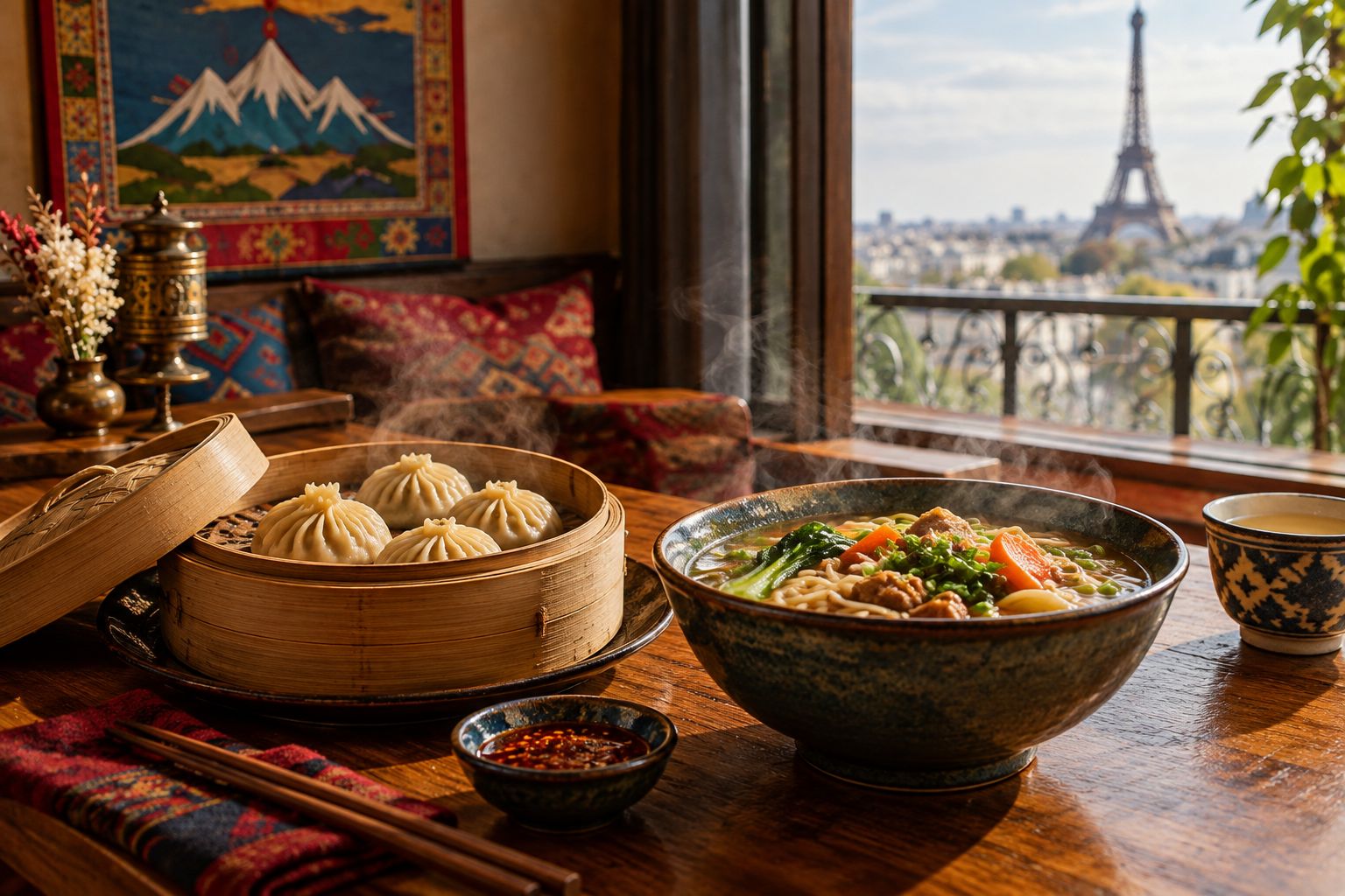 Panier de momos vapeur et bol de thukpa sur une table de restaurant himalayen