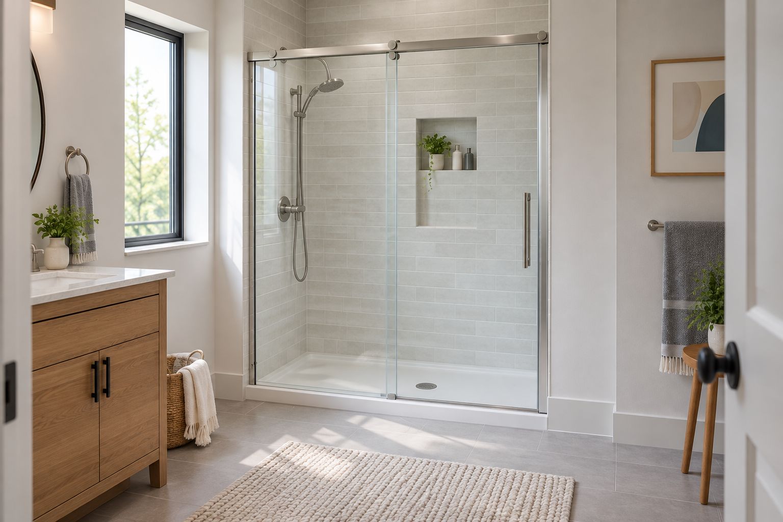 Frameless sliding glass shower door over a converted tub alcove