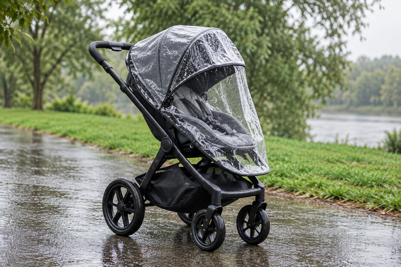 Clear rain cover fitted closely around a pushchair hood in light rain