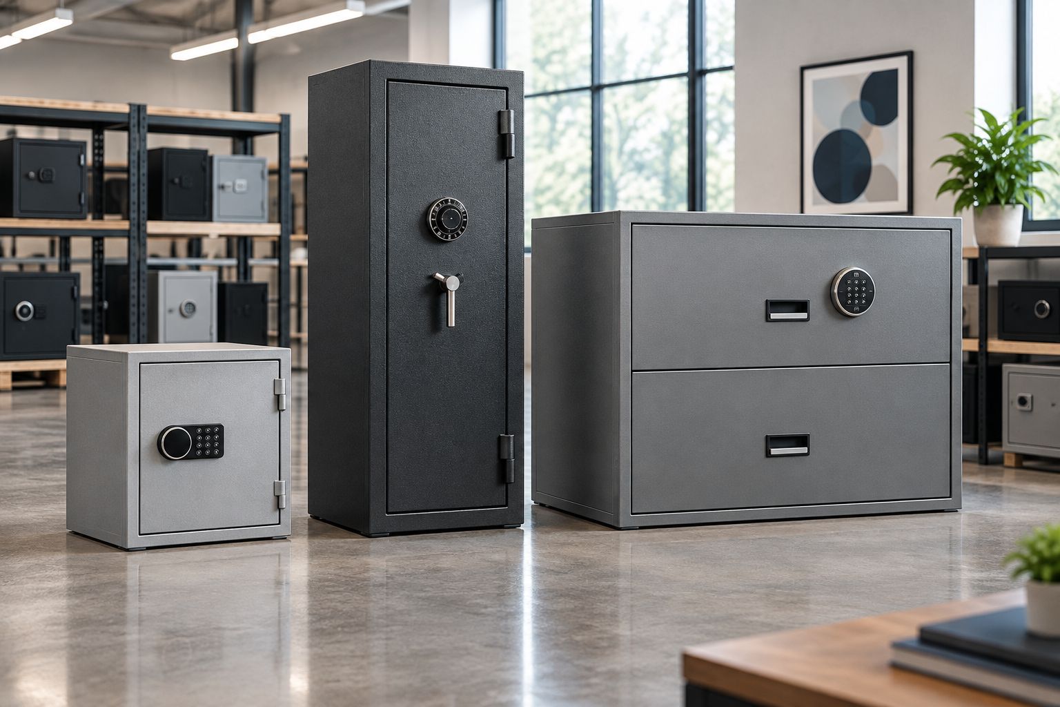 Different types of safes lined up in a showroom