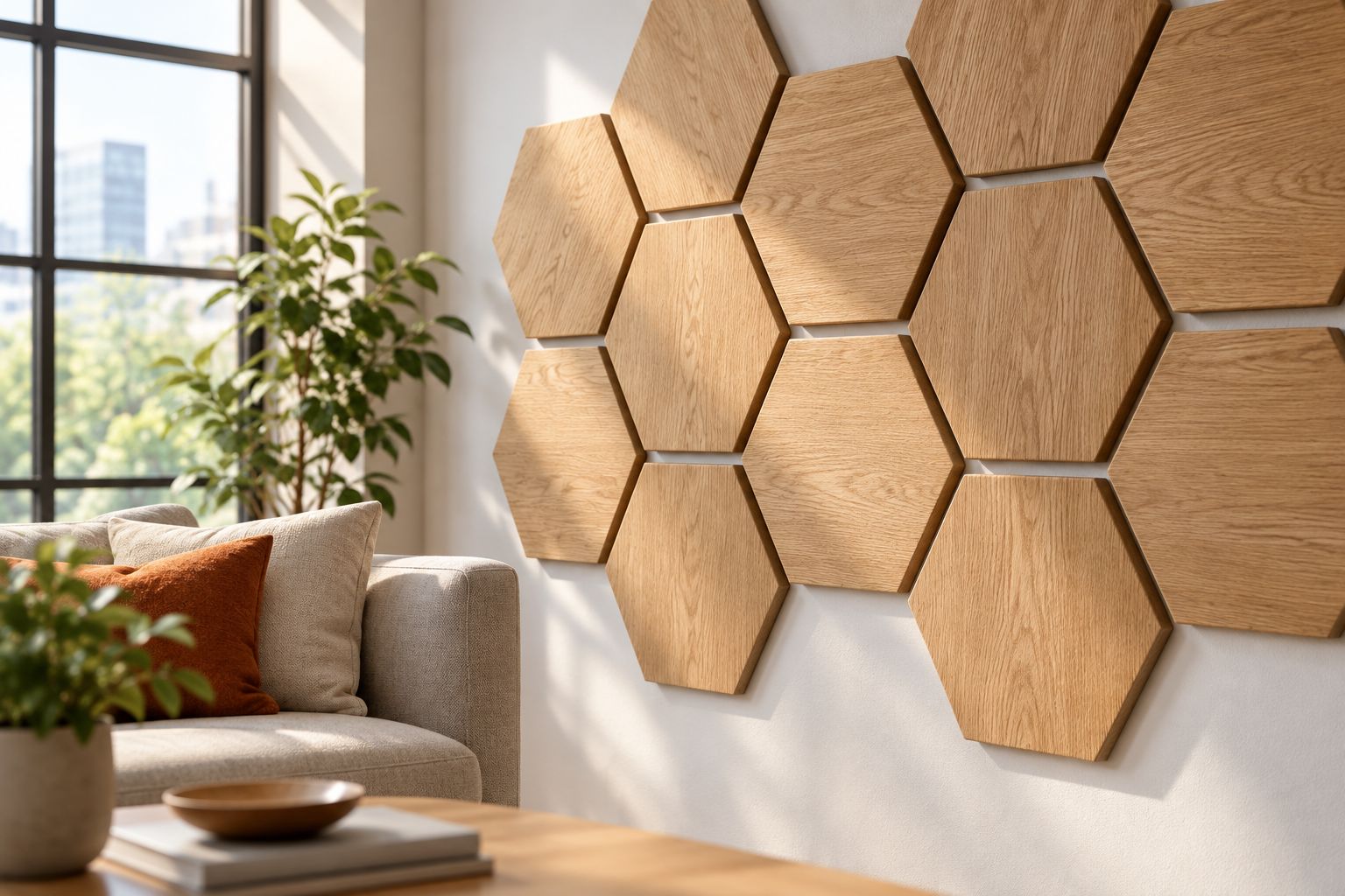 Panneaux muraux hexagonaux en bois assemblés en nid d'abeille sur un mur de salon