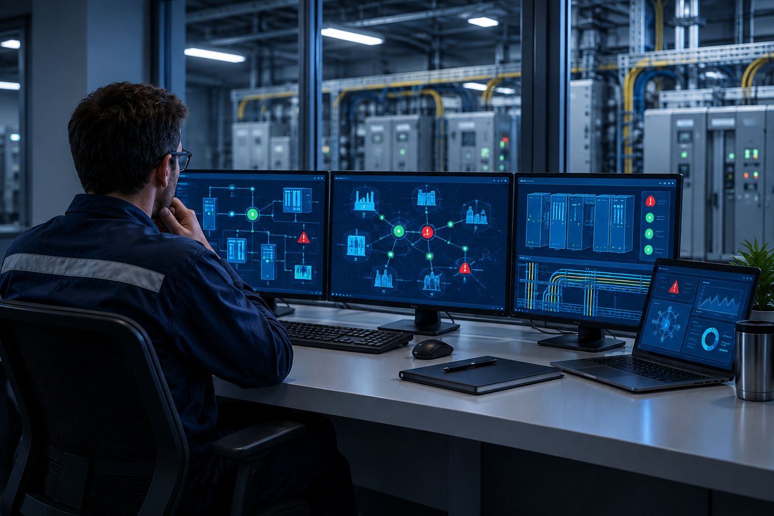 Industrial control room with SCADA monitoring workstations