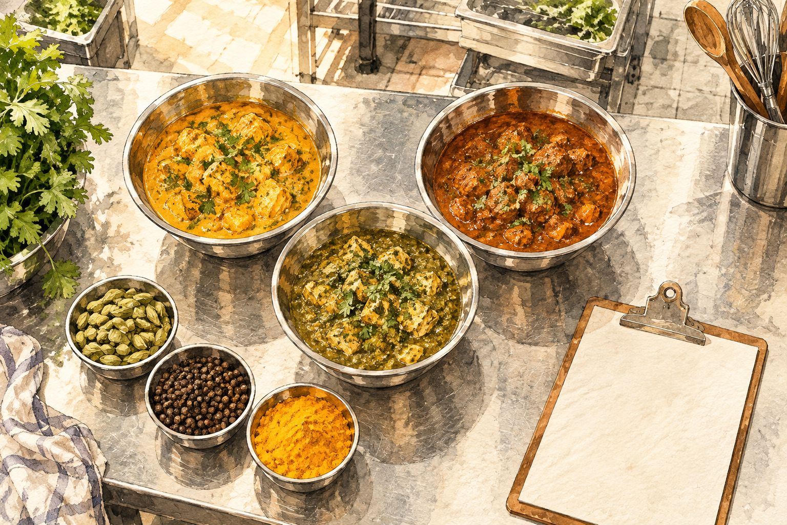 Catering kitchen comparing coded curry samples with cardamom, pepper and turmeric