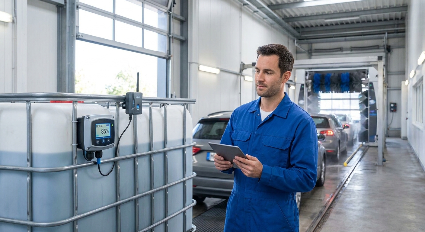 Tank level monitoring for car wash and auto detailing chains