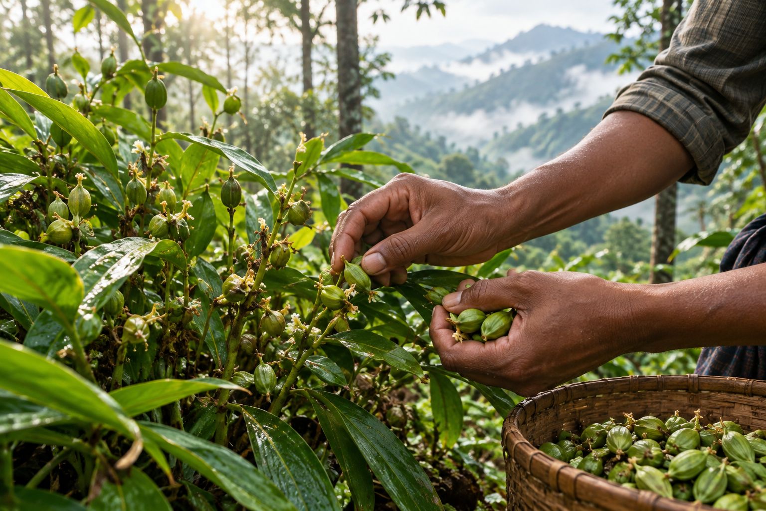 Hand-picking ripe green cardamom pods on a Kerala hillside
