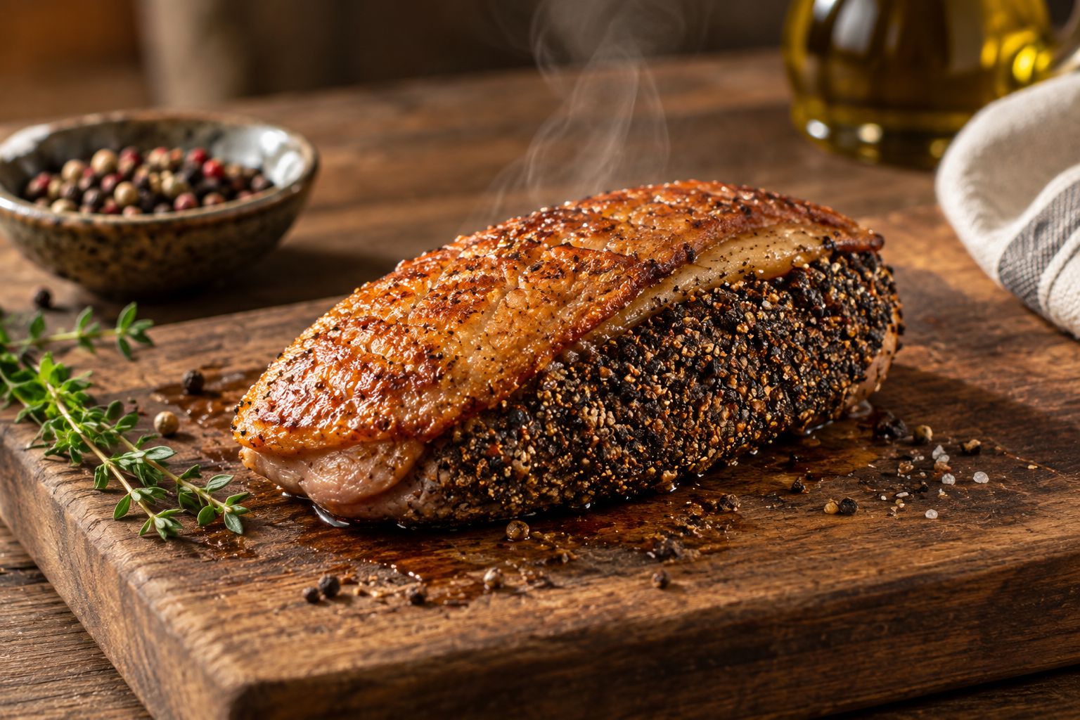 Seared duck breast with a peppercorn crust resting on a cutting board