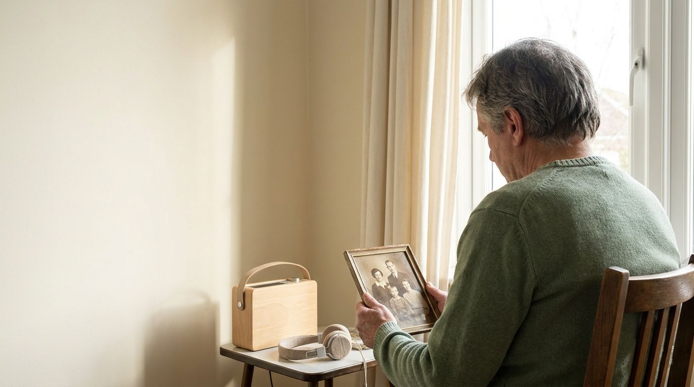 A loved one holding a family photograph beside headphones