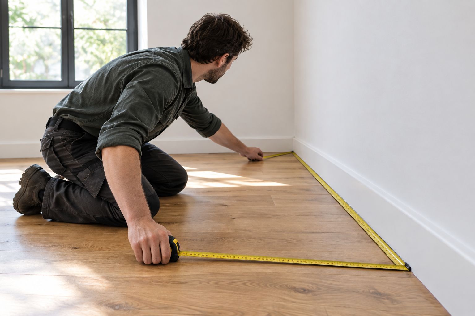 Steel tape measure run flat along a skirting board across a room