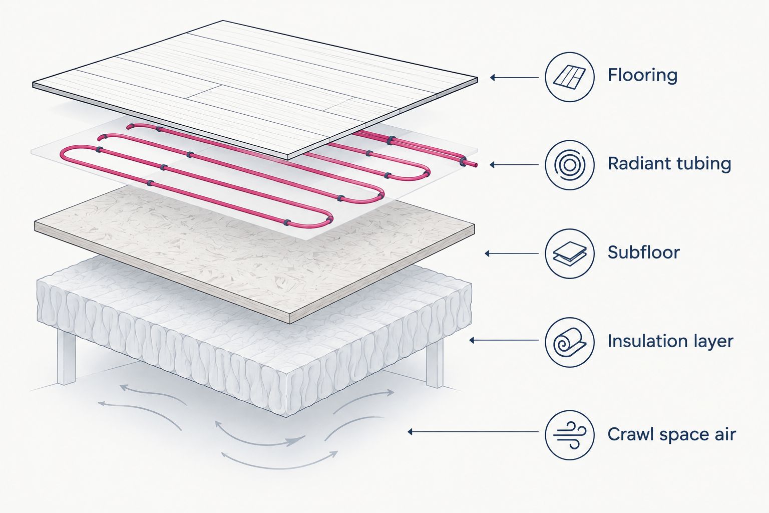 Cross-section diagram of a radiant floor assembly with insulation below the tubing