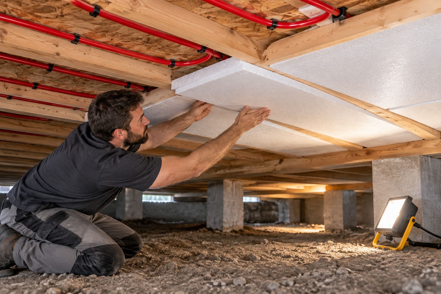 Rigid foam insulation boards installed in a crawl space beneath radiant floor tubing