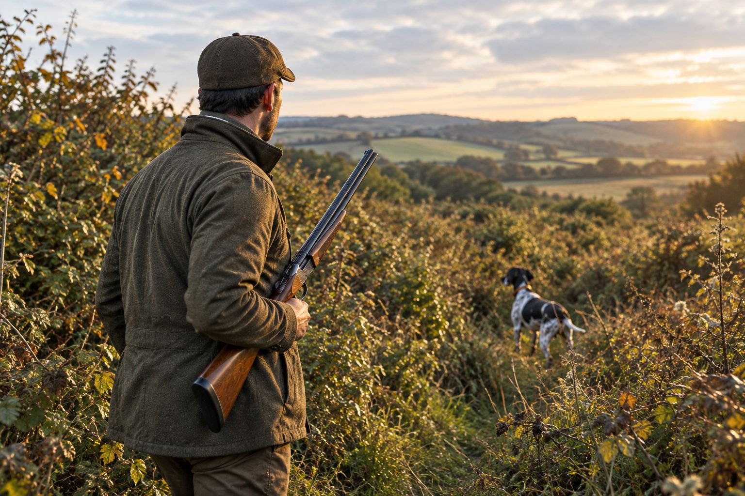 Hunter walking a hedgerow with a broken-open over-and-under shotgun during rough shooting
