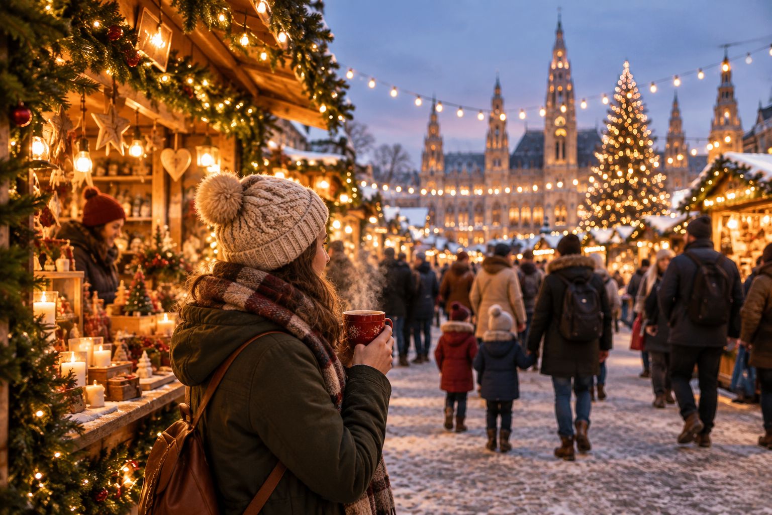 Outdoor Christmas market at dusk with lit stalls and families browsing