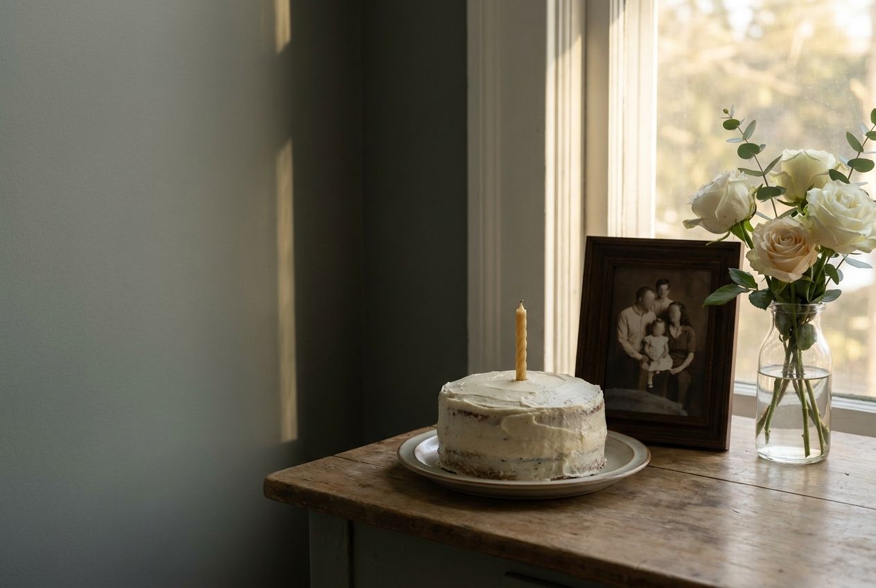 A quiet birthday remembrance with a candle, flowers, and family photograph