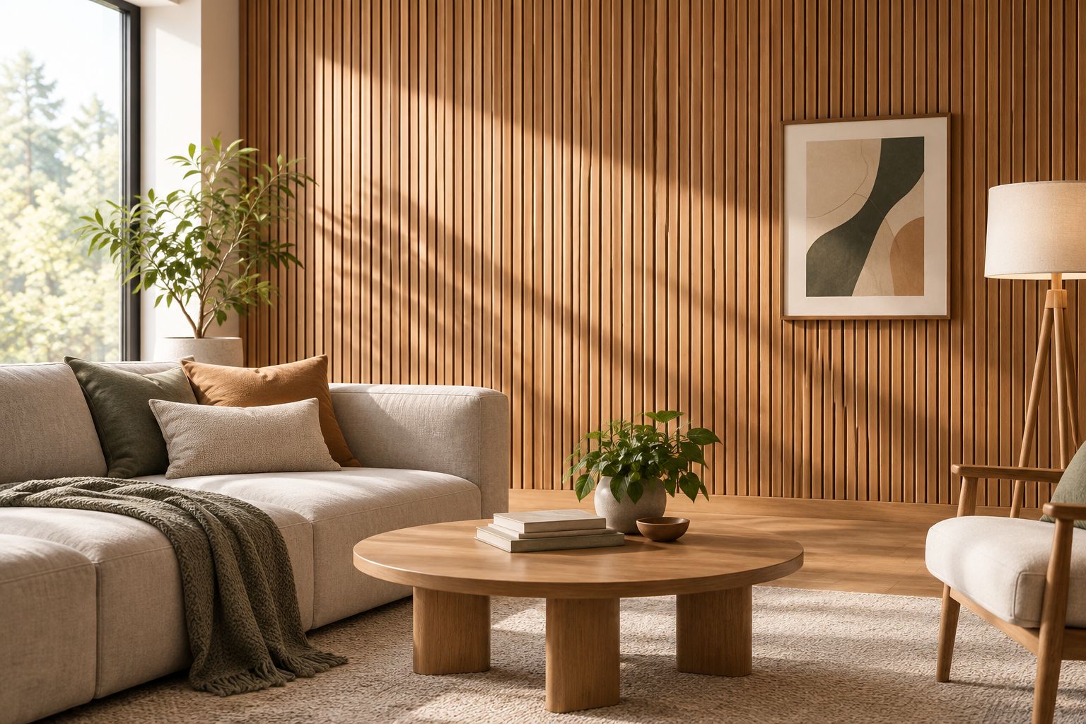 Living room wall covered in natural oak wood slat panels
