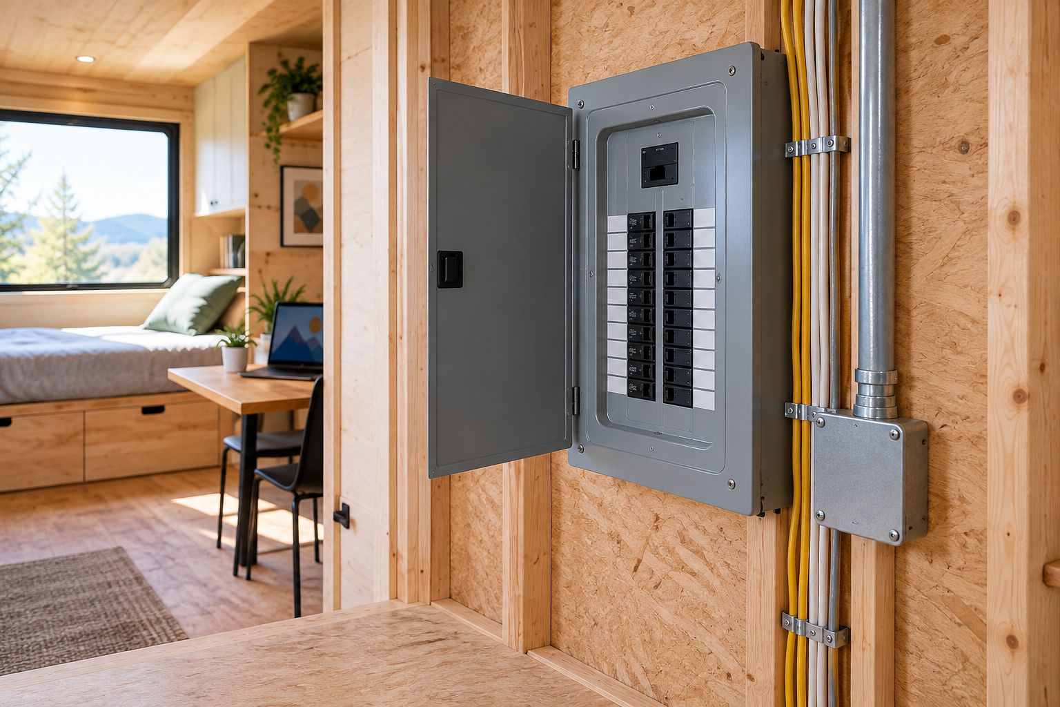 Tiny-home electrical panel installed on an open utility wall during construction