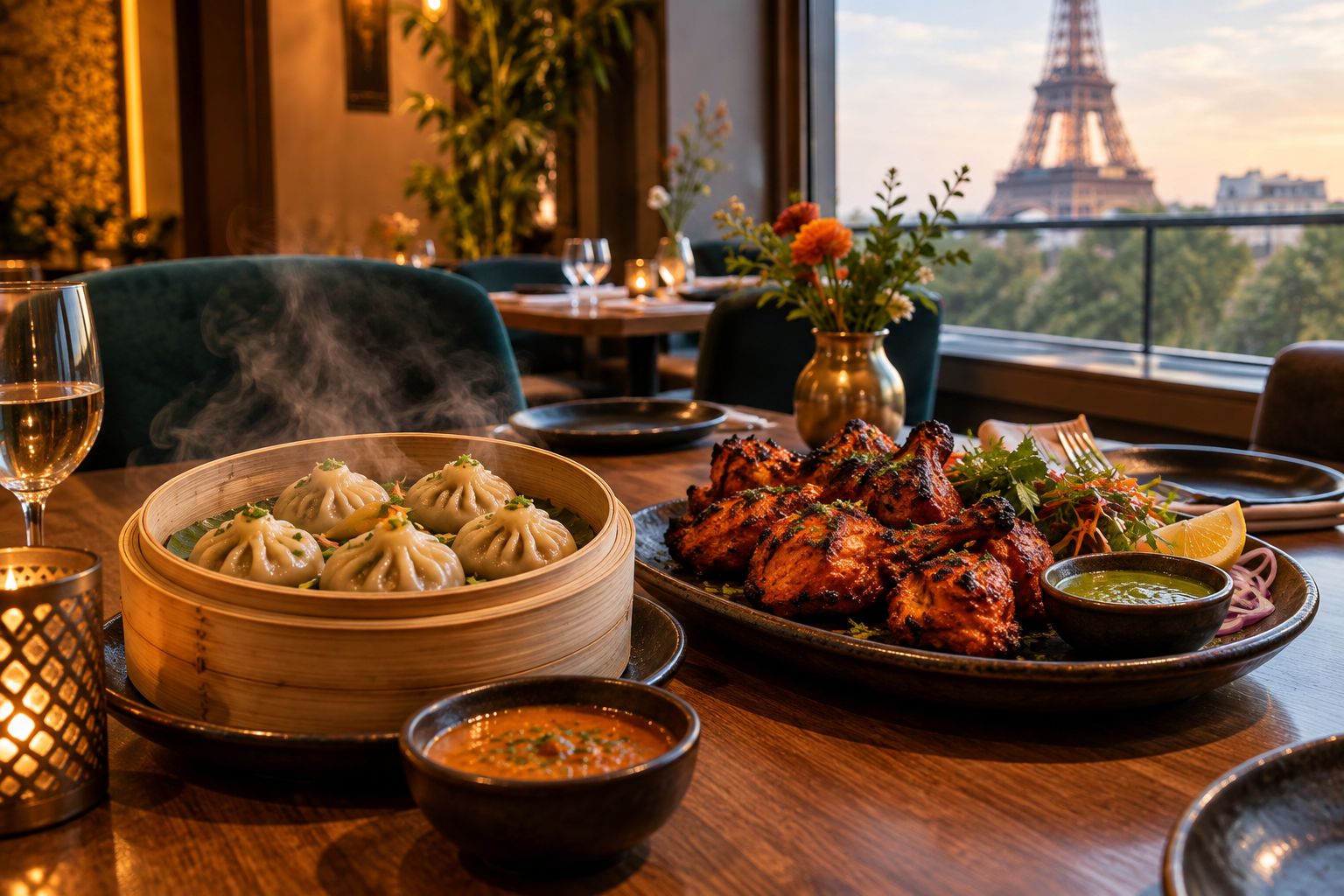 Assiette de momos et plat de tandoori sur une table de restaurant