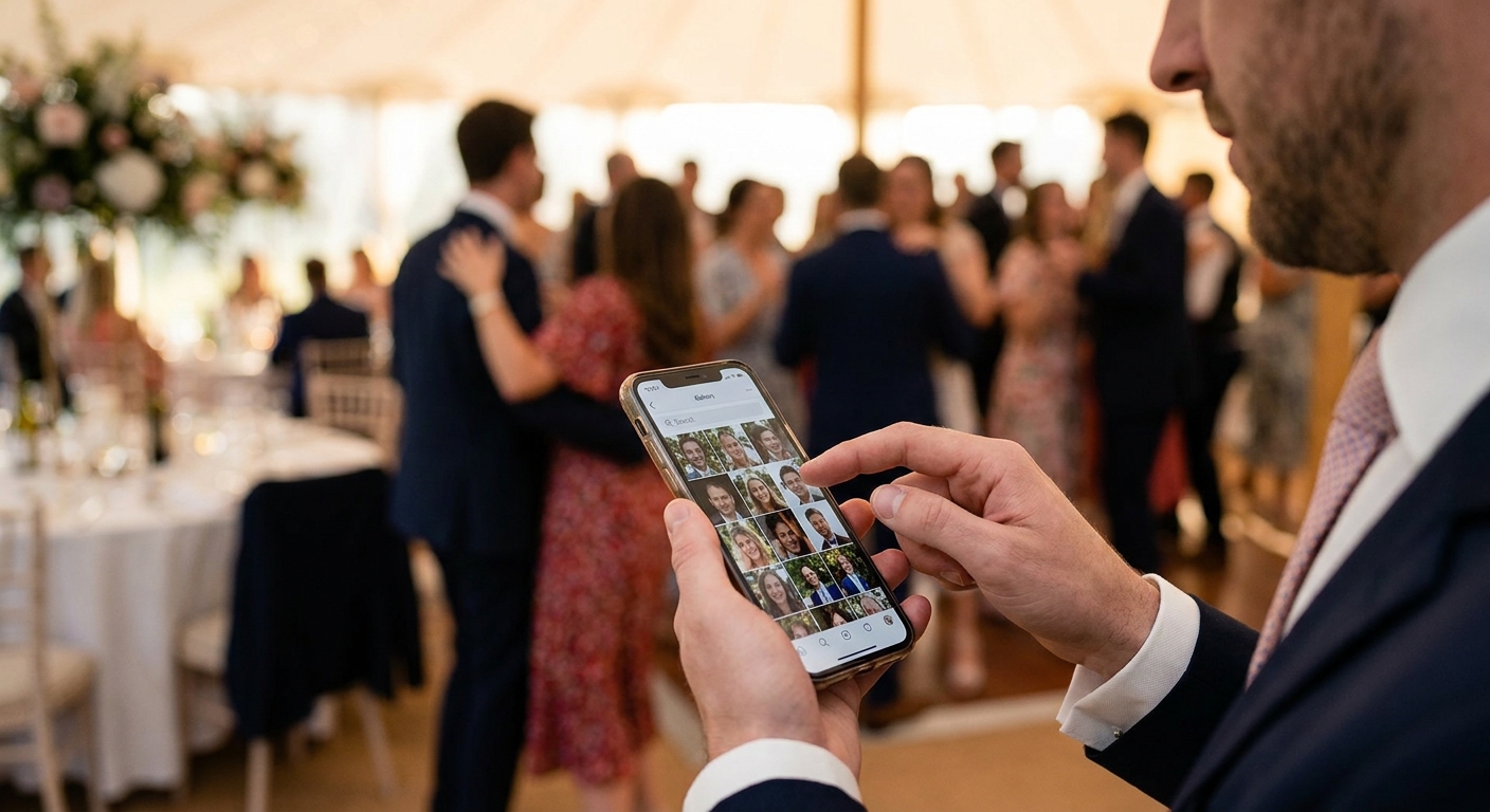 Guest face search for finding photos at large weddings