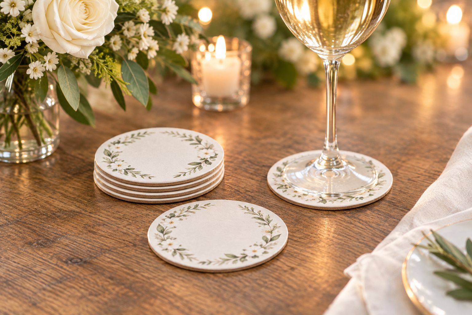Stack of personalized wedding coasters on a reception table