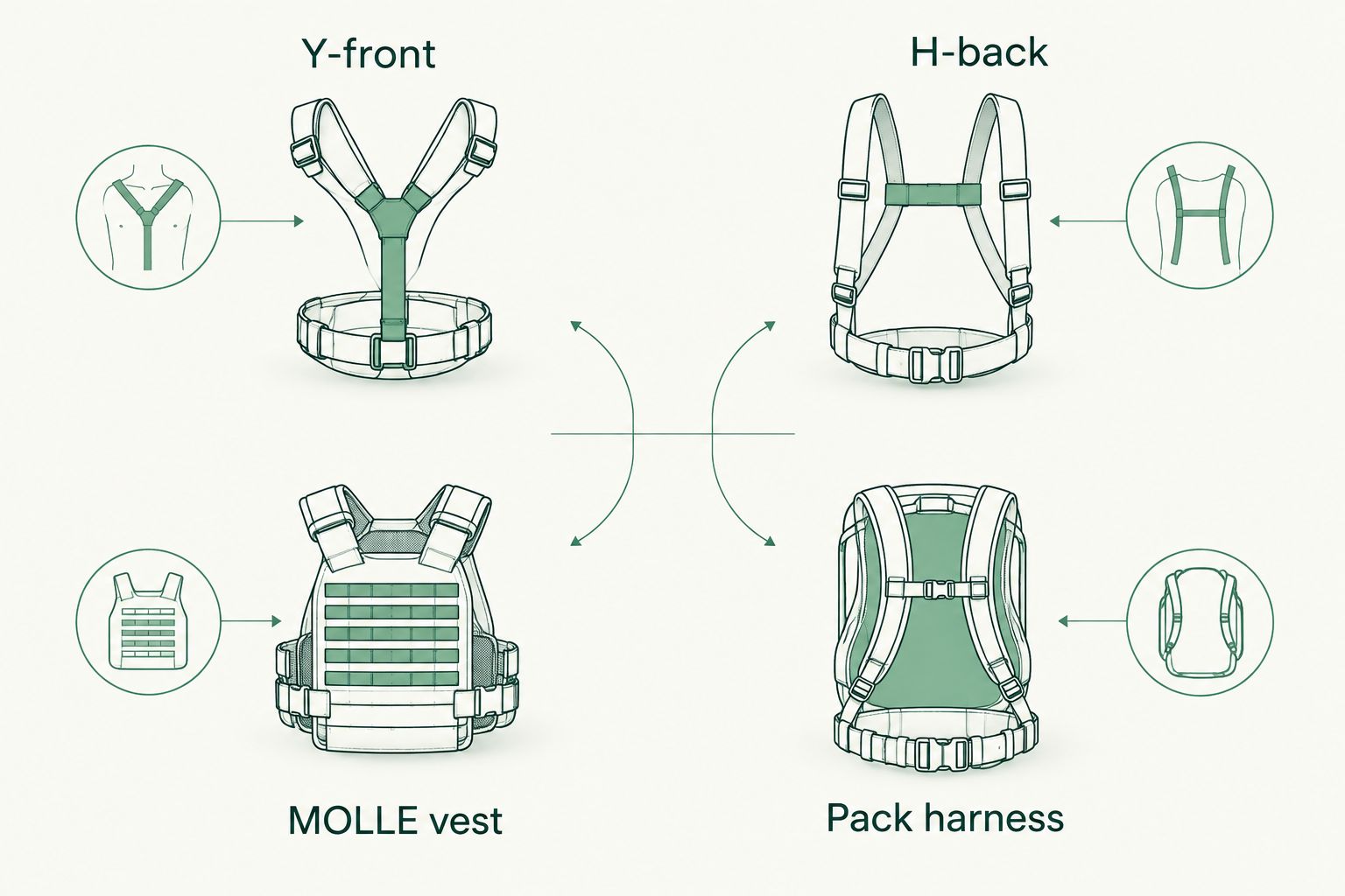 Comparison of Y-front, H-back, MOLLE vest and pack harness shapes