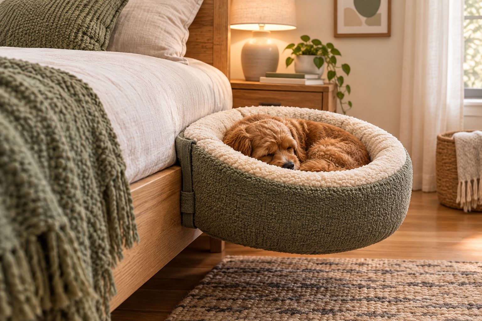 Dog sleeping in a bedside pet bed attached to a bed frame