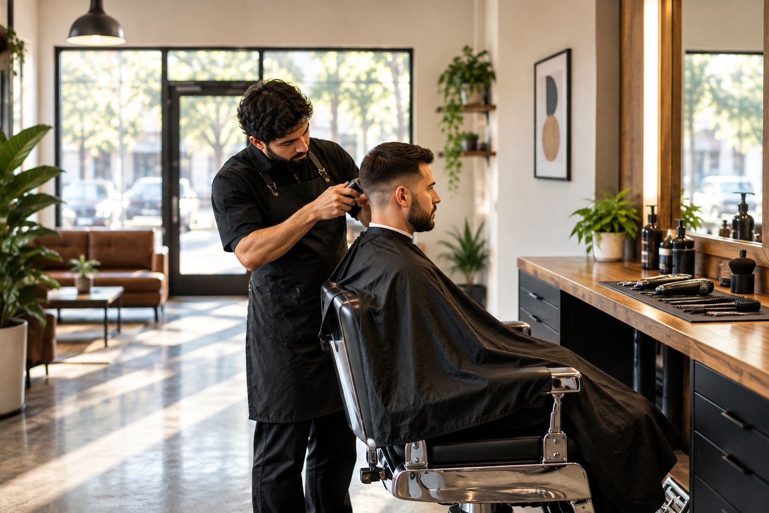 Barbershop interior during a same-day fade haircut