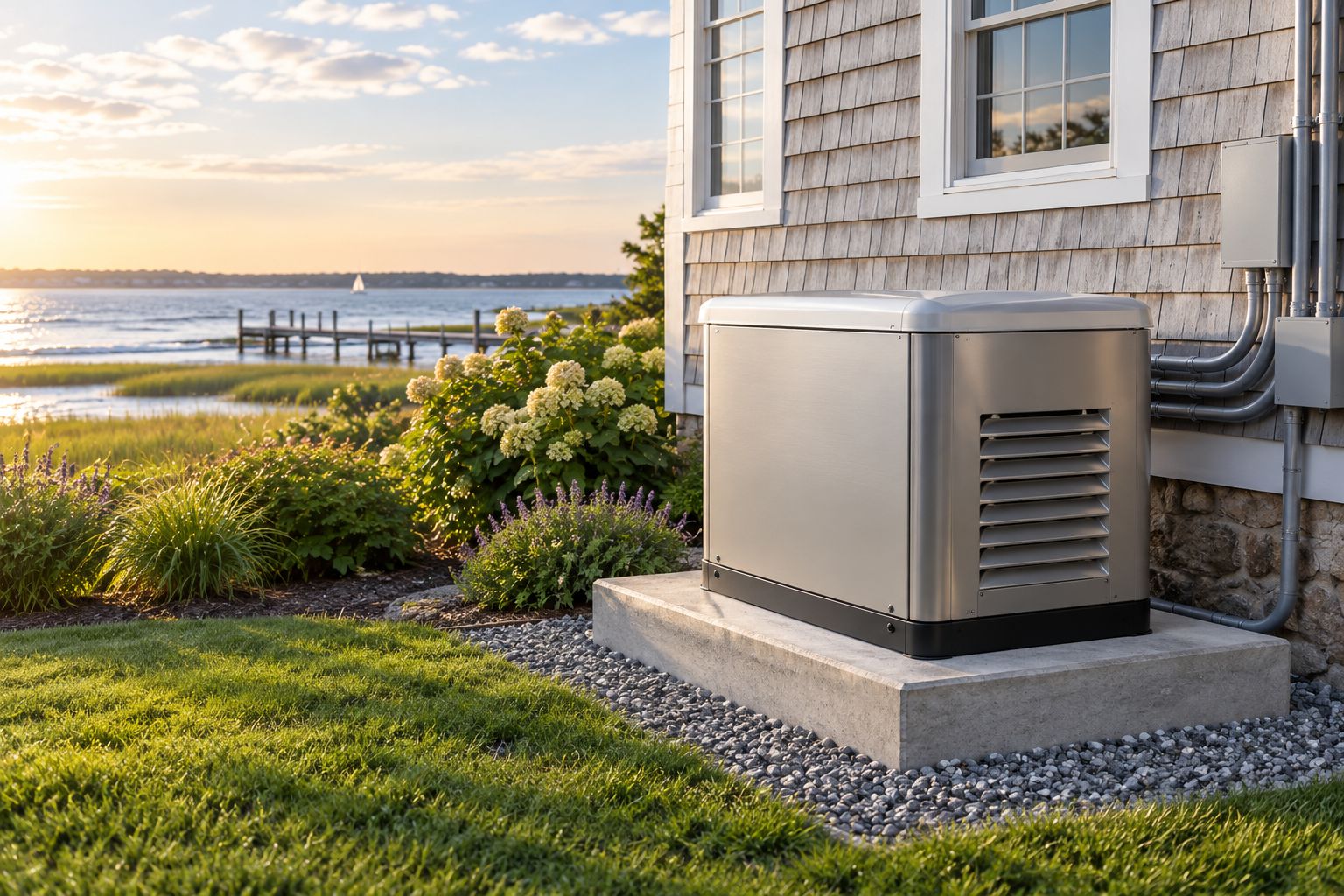 Standby generator on an elevated pad beside a coastal New Jersey home