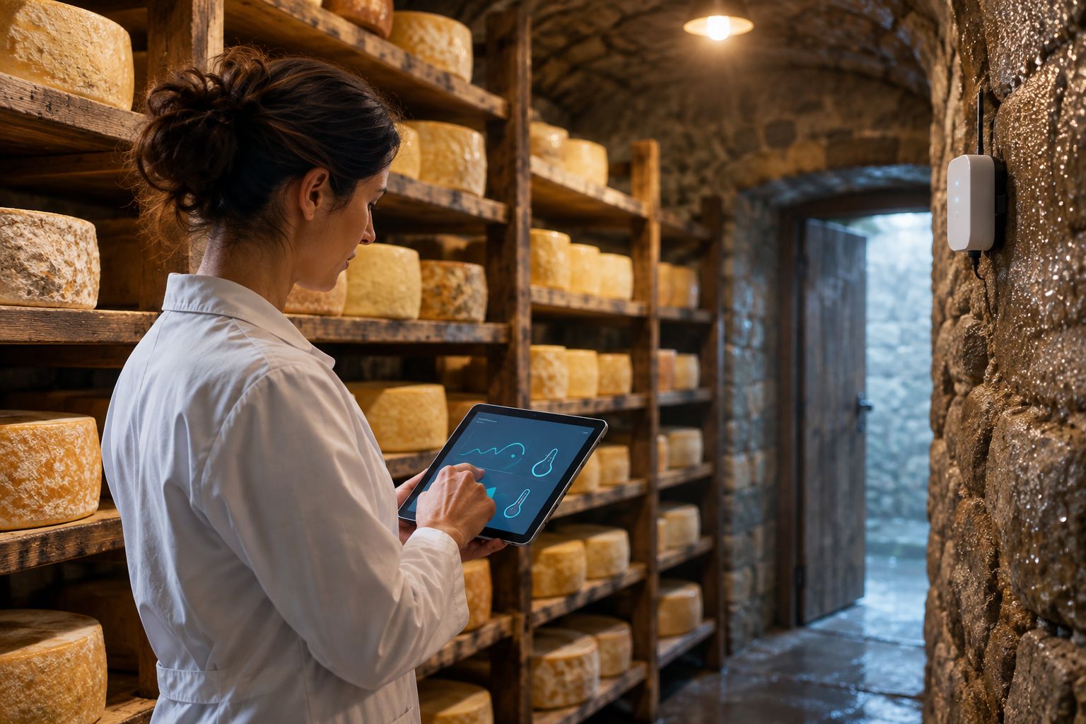 Cheese wheels aging on wooden shelves in a stone cellar with a wall-mounted sensor