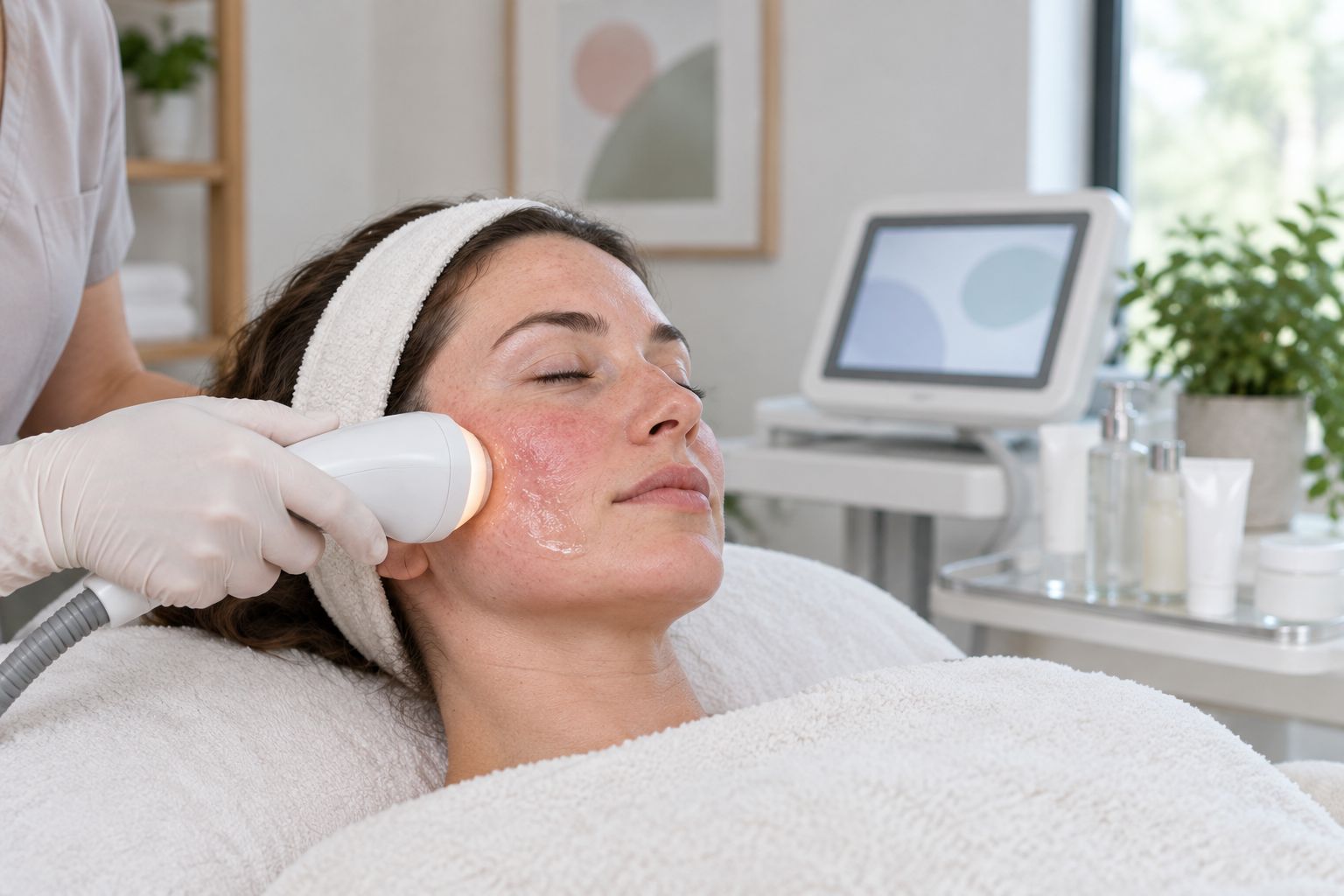 Medspa treatment room set up for a light-based facial redness treatment