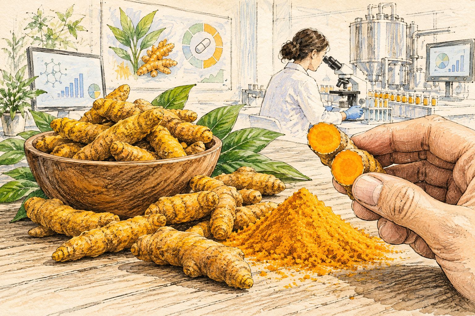 Dried turmeric fingers and powder showing the orange curcumin-rich interior