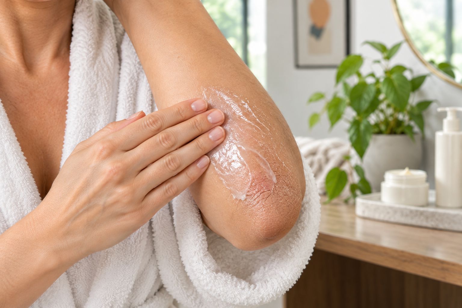 Hand applying a thick occlusive ointment to a dry, cracked elbow