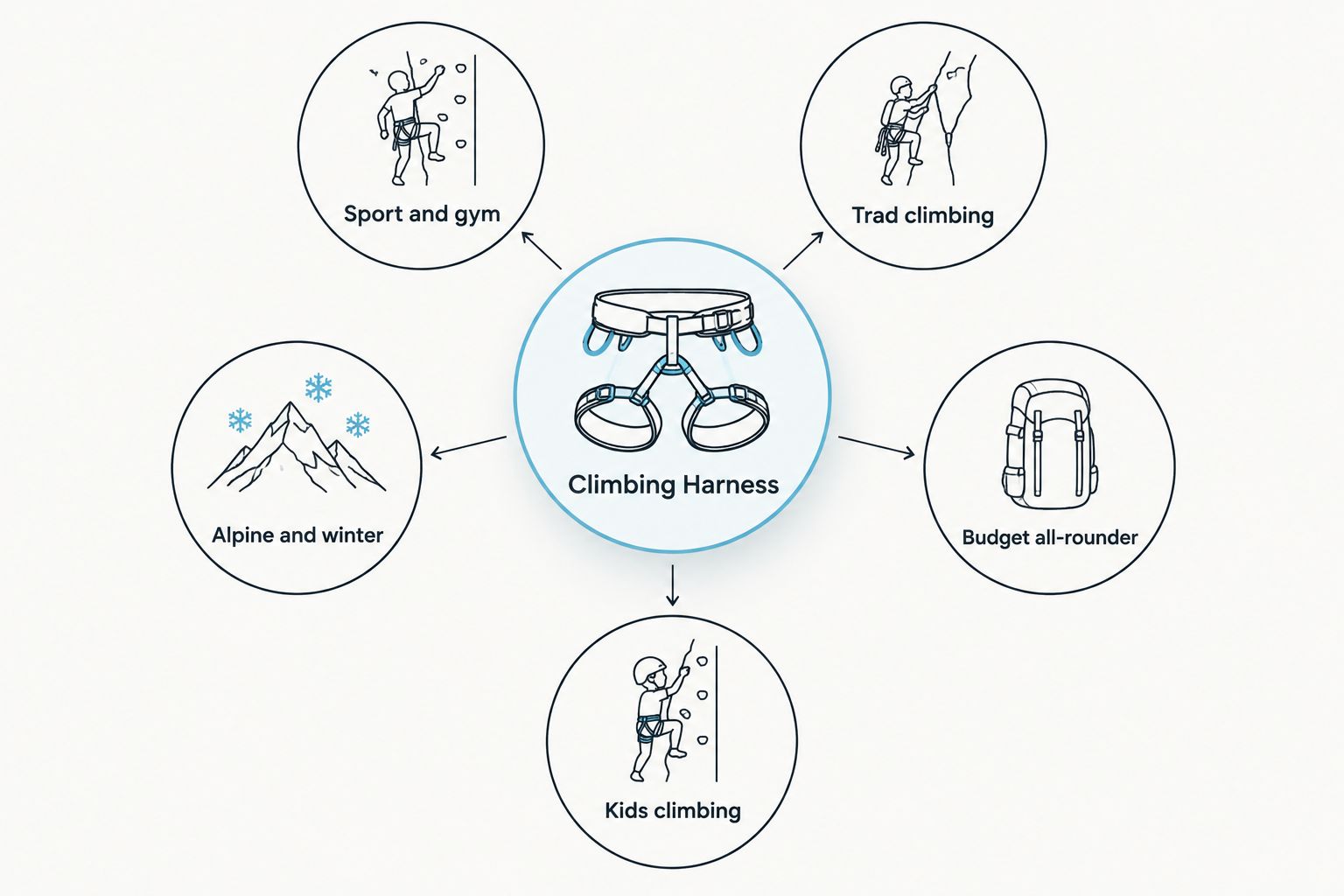 Diagram showing one central harness connected to five climbing disciplines
