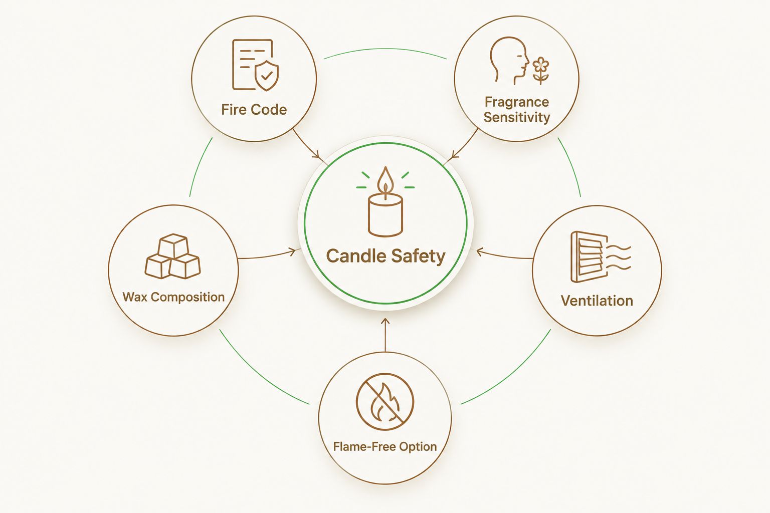 Diagram showing five safety considerations orbiting a central candle safety hub